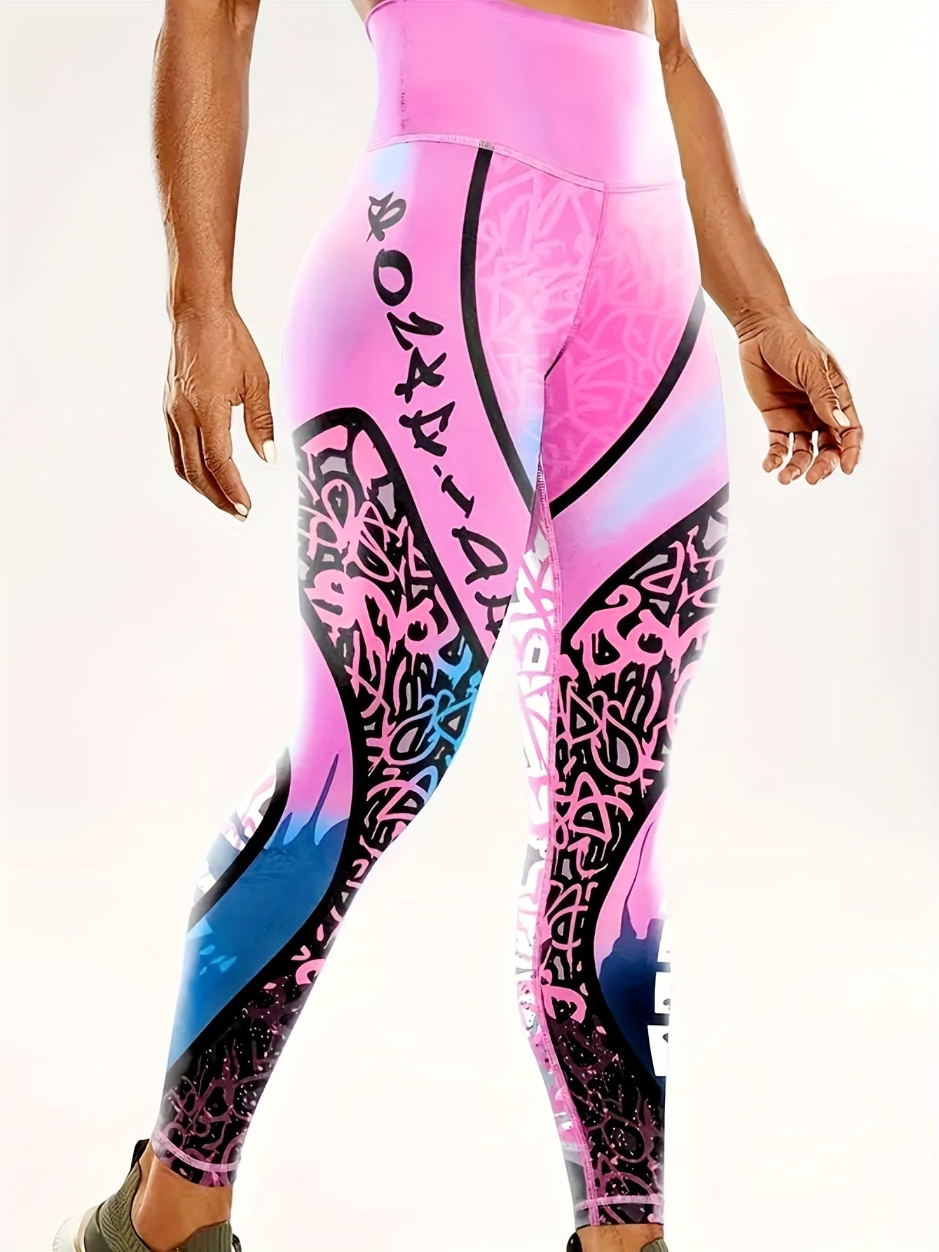 Bright Pink Fashion Print Yoga Pants Tummy Tucks and Hips Lift Gym Pants Slim Leggings