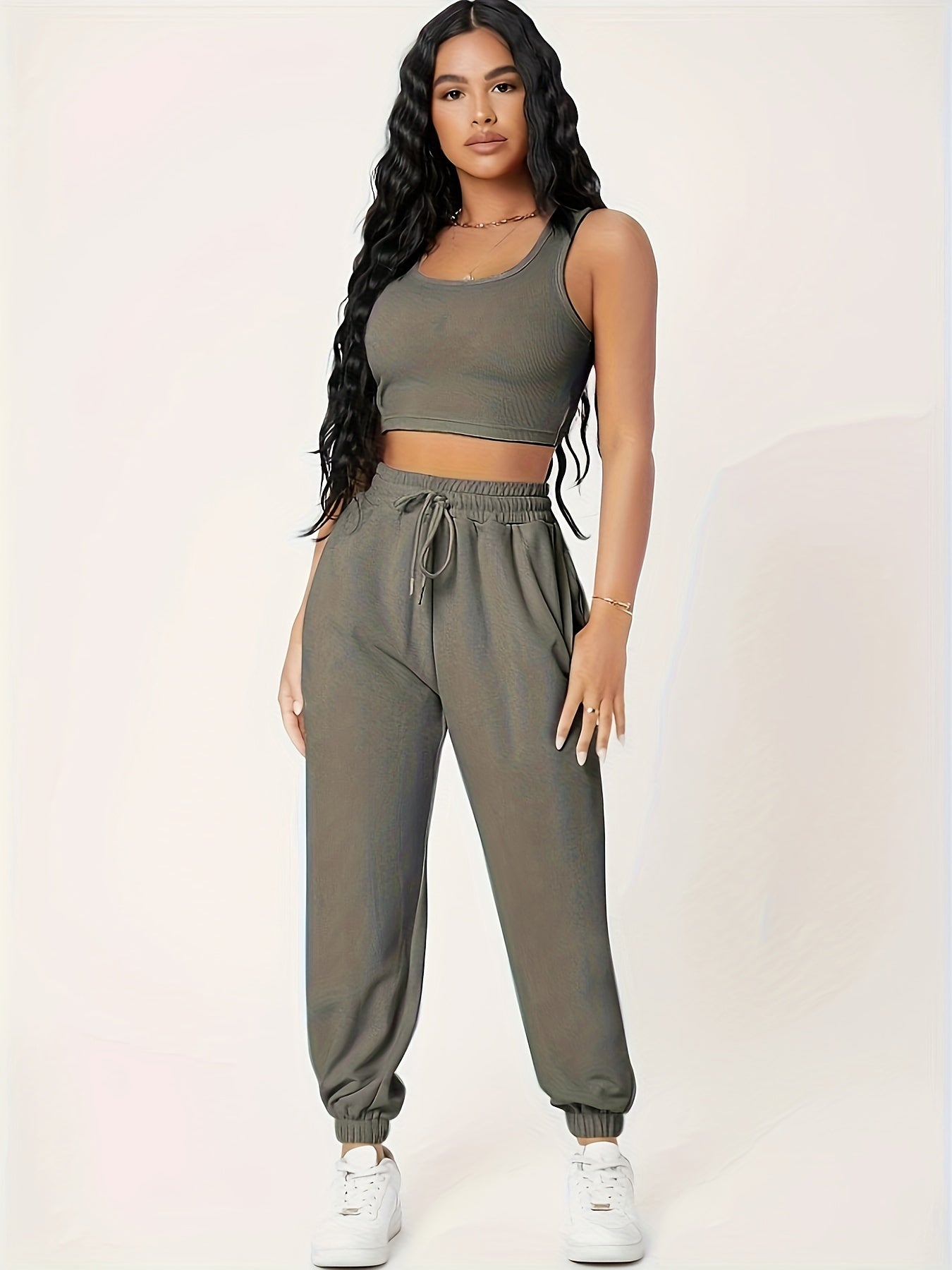 Sleeveless Two-piece Set, Solid Color Crop Tank Top & Drawstring Waist Pocket Jogger Pants Outfits