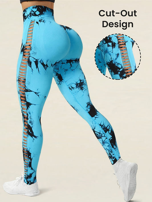 High Waist Sports Pants - Tie Dye Print, Hollow Design, Comfortable Activewear