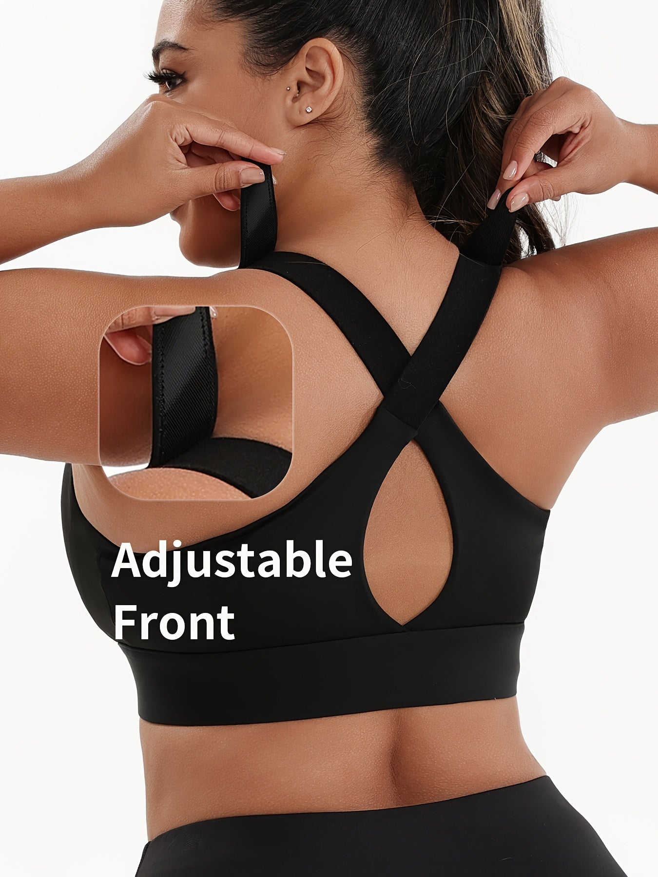 Plus Size Front Zip Sports Bra, High Elasticity Solid Color Fitness Bra, Yoga Athletic Underwear