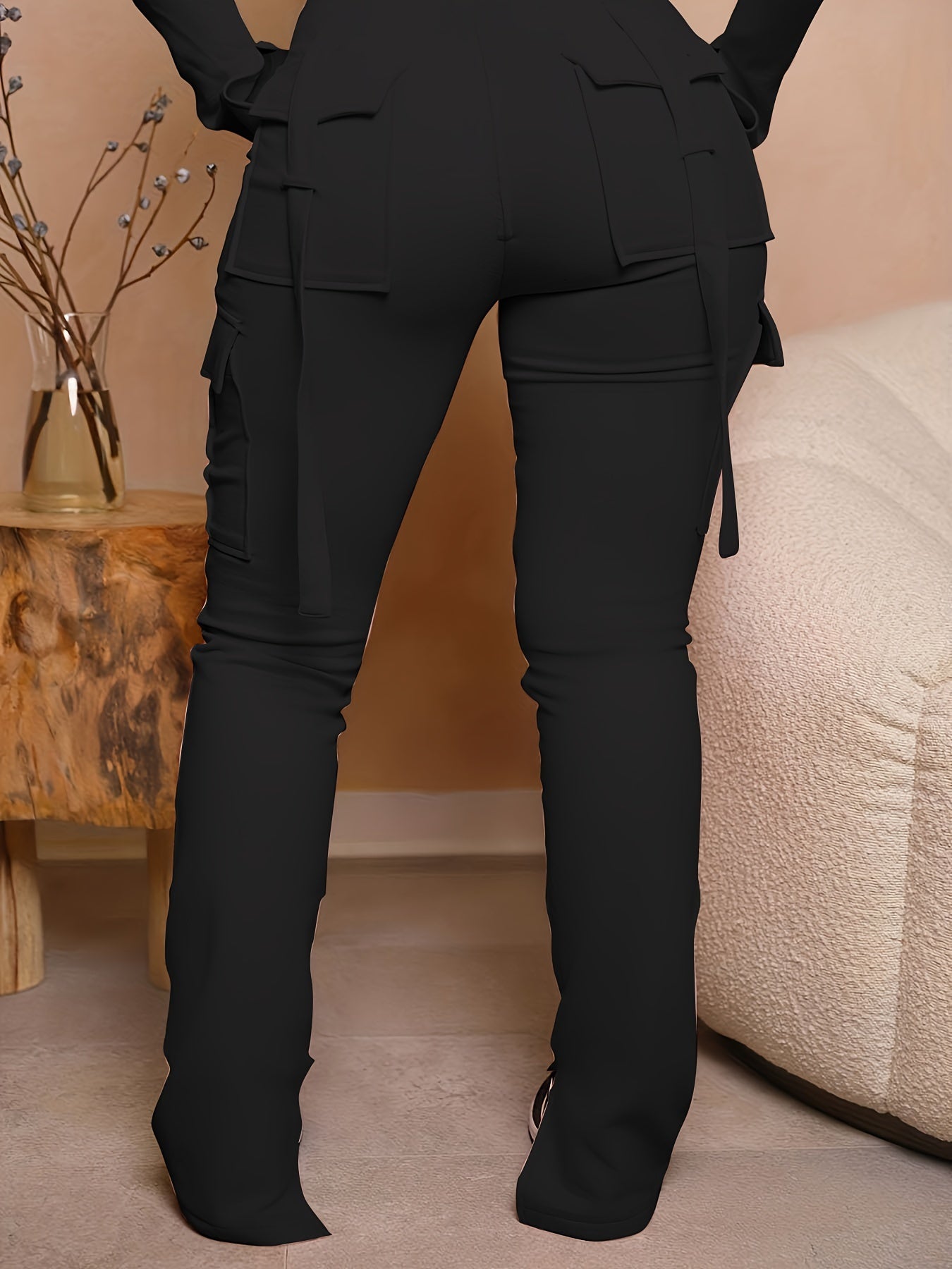 Women's Solid Color Drawstring Joggers with Flap Pockets and Side Slit