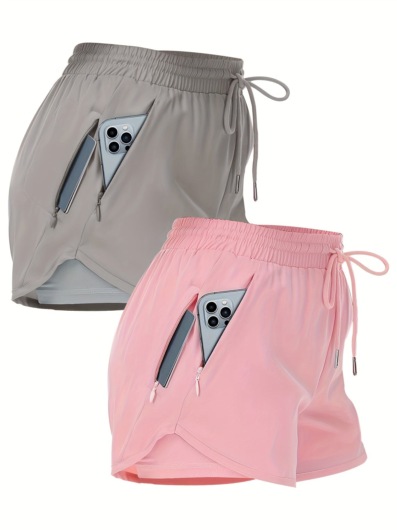 2pcs Pocketed Workout Shorts, Causal Sports Athletic Gym Running Shorts for Women