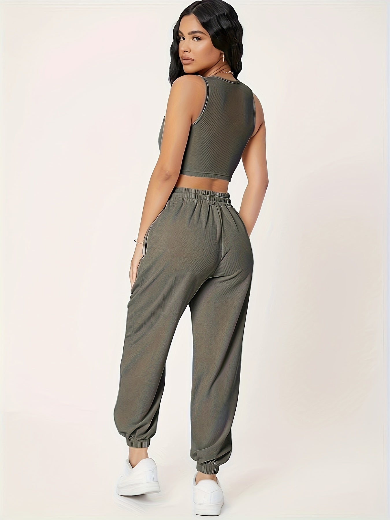 Sleeveless Two-piece Set, Solid Color Crop Tank Top & Drawstring Waist Pocket Jogger Pants Outfits