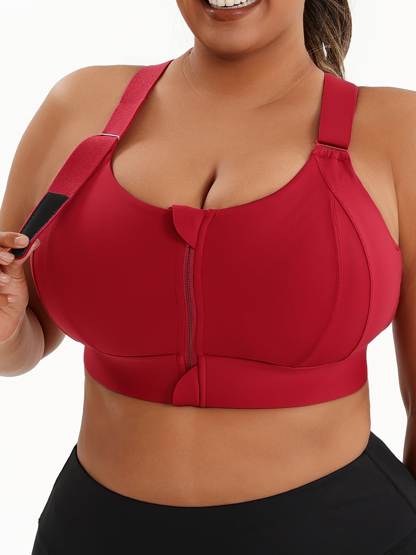 Plus Size Front Zip Sports Bra, High Elasticity Solid Color Fitness Bra, Yoga Athletic Underwear