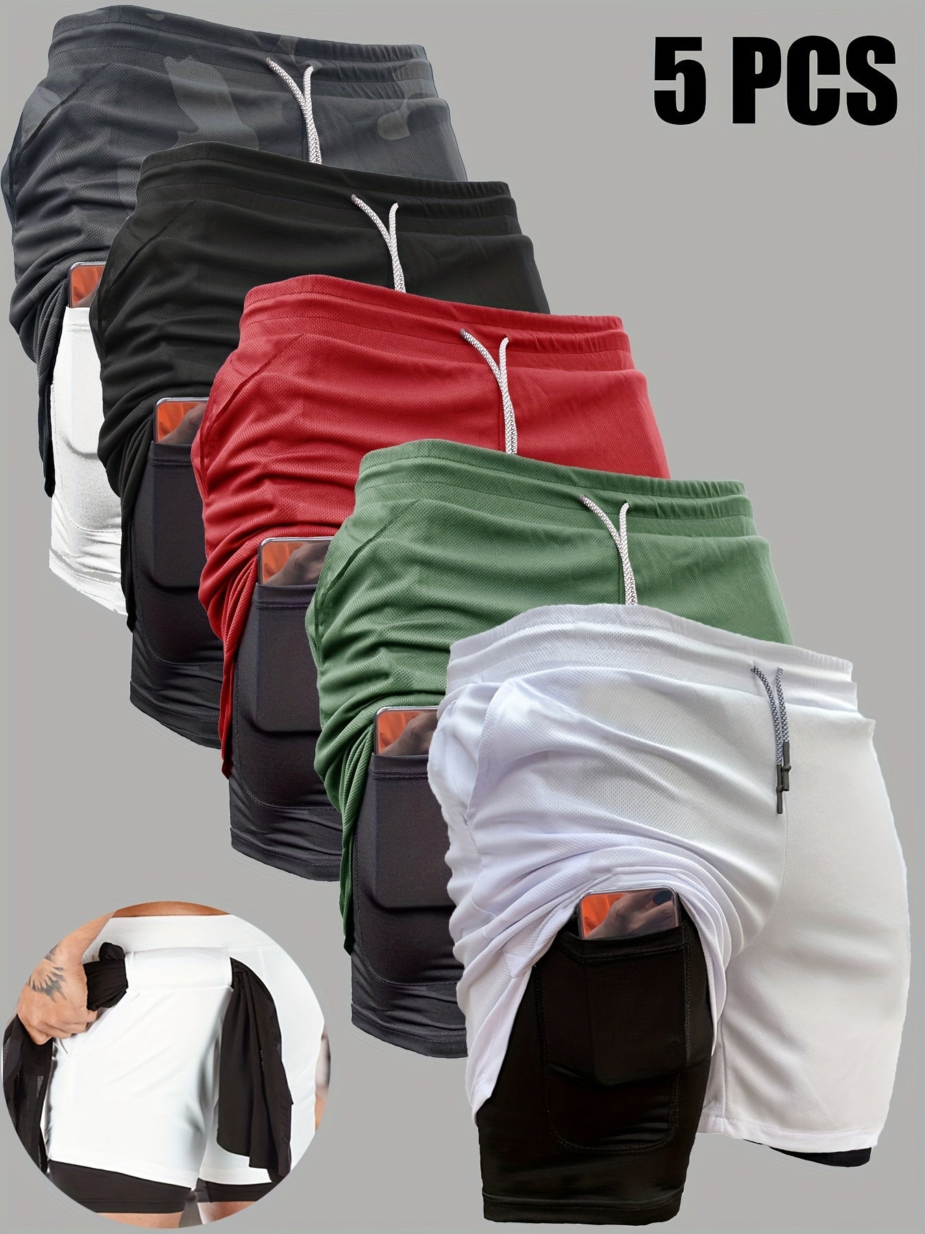 5pcs Men's 2-in-1 Double Layer Shorts With Inner Pocket