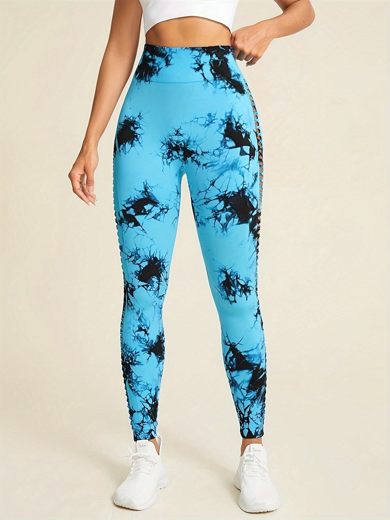 High Waist Sports Pants - Tie Dye Print, Hollow Design, Comfortable Activewear