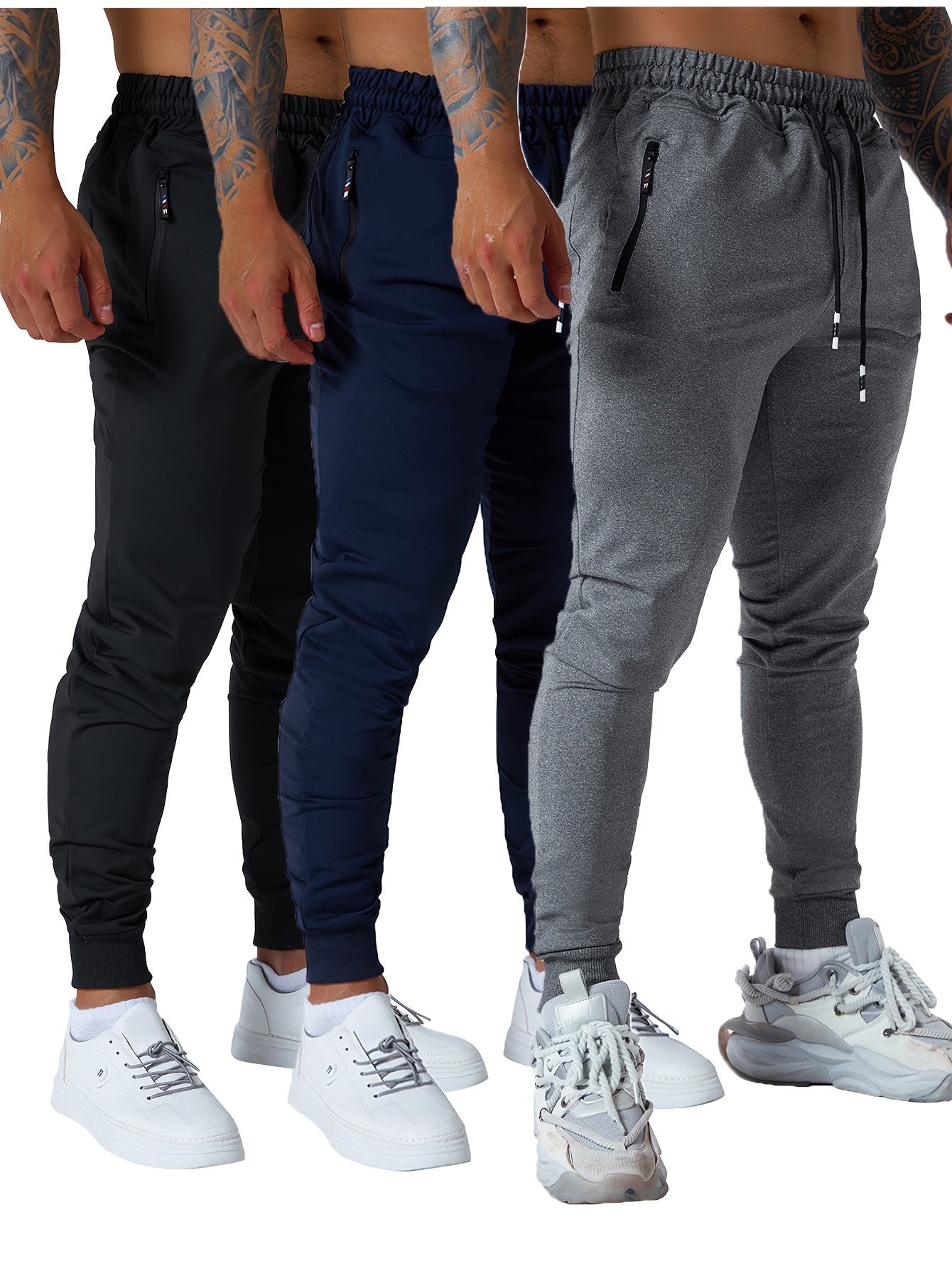 3PCS Zipper Pockets Men's Sweatpants, Tapered Joggers