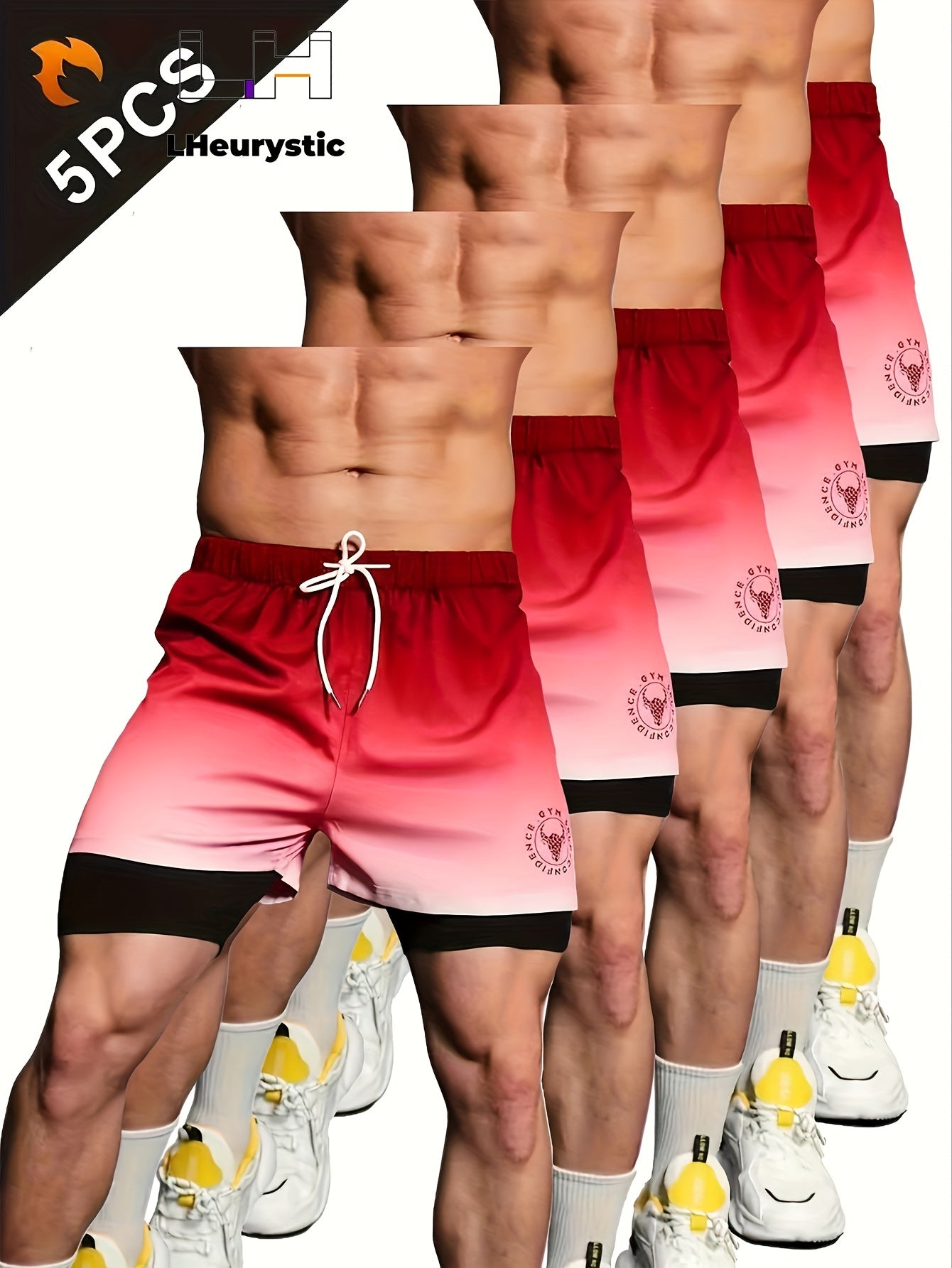 5pcs Bull Head Double-Layer Loose Fit Gym Shorts