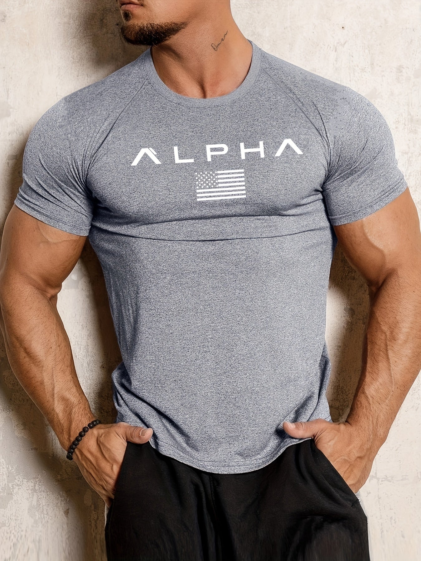 American Flag Alpha Print Comfortable Fit Crew Neck Short Sleeve T-Shirt