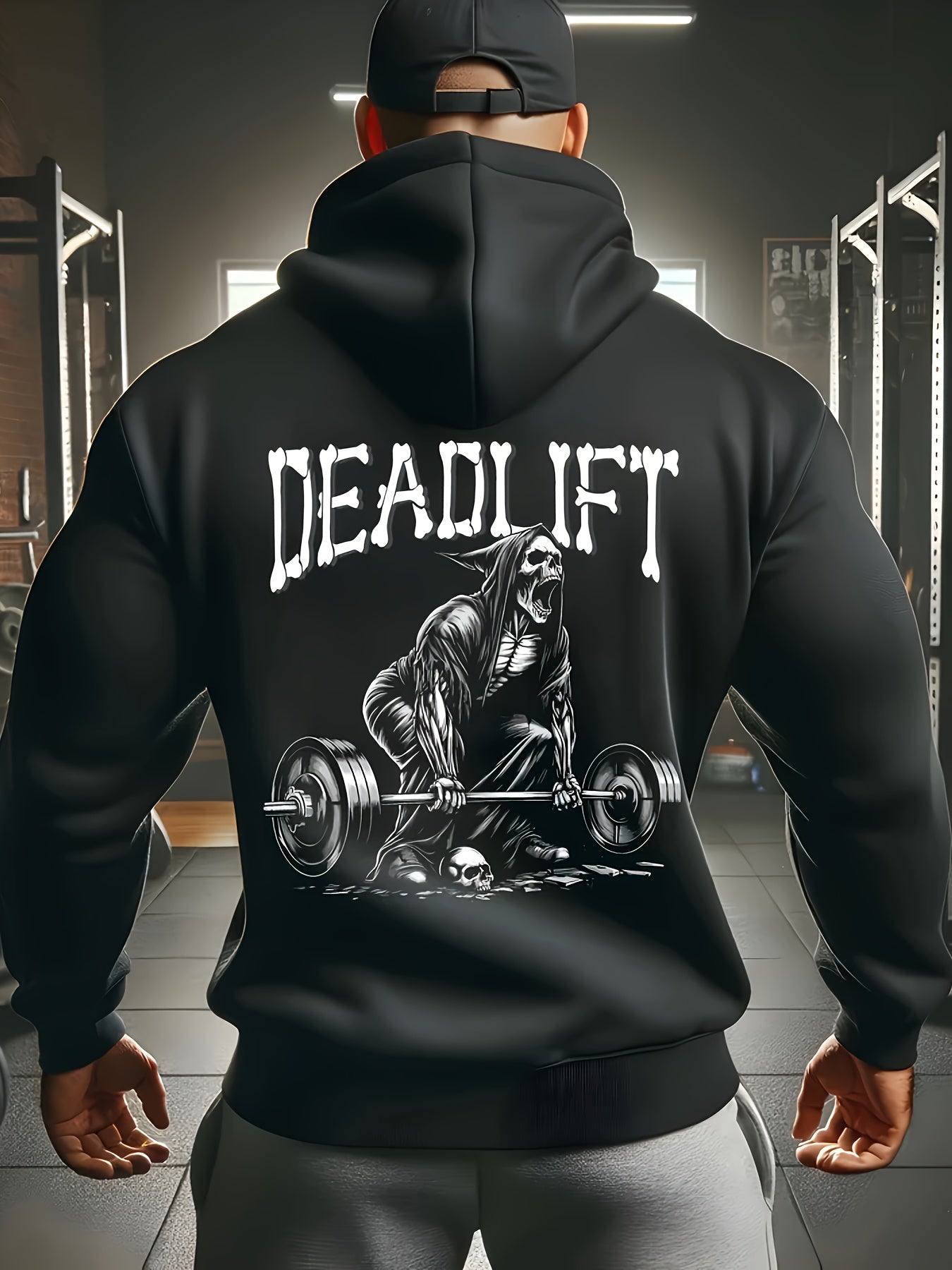 Men's Fleece-Lined Hoodie with Skull & Letter Print
