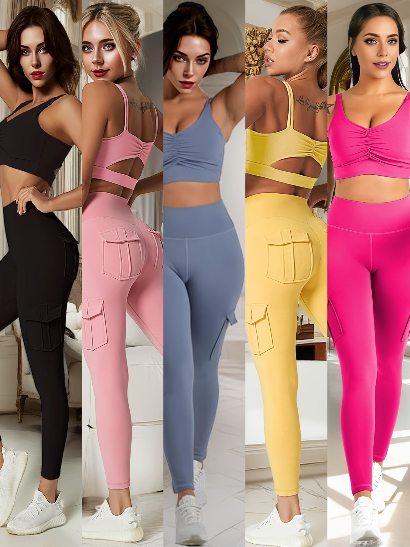 5pcs high-waisted yoga leggings with 4 pockets