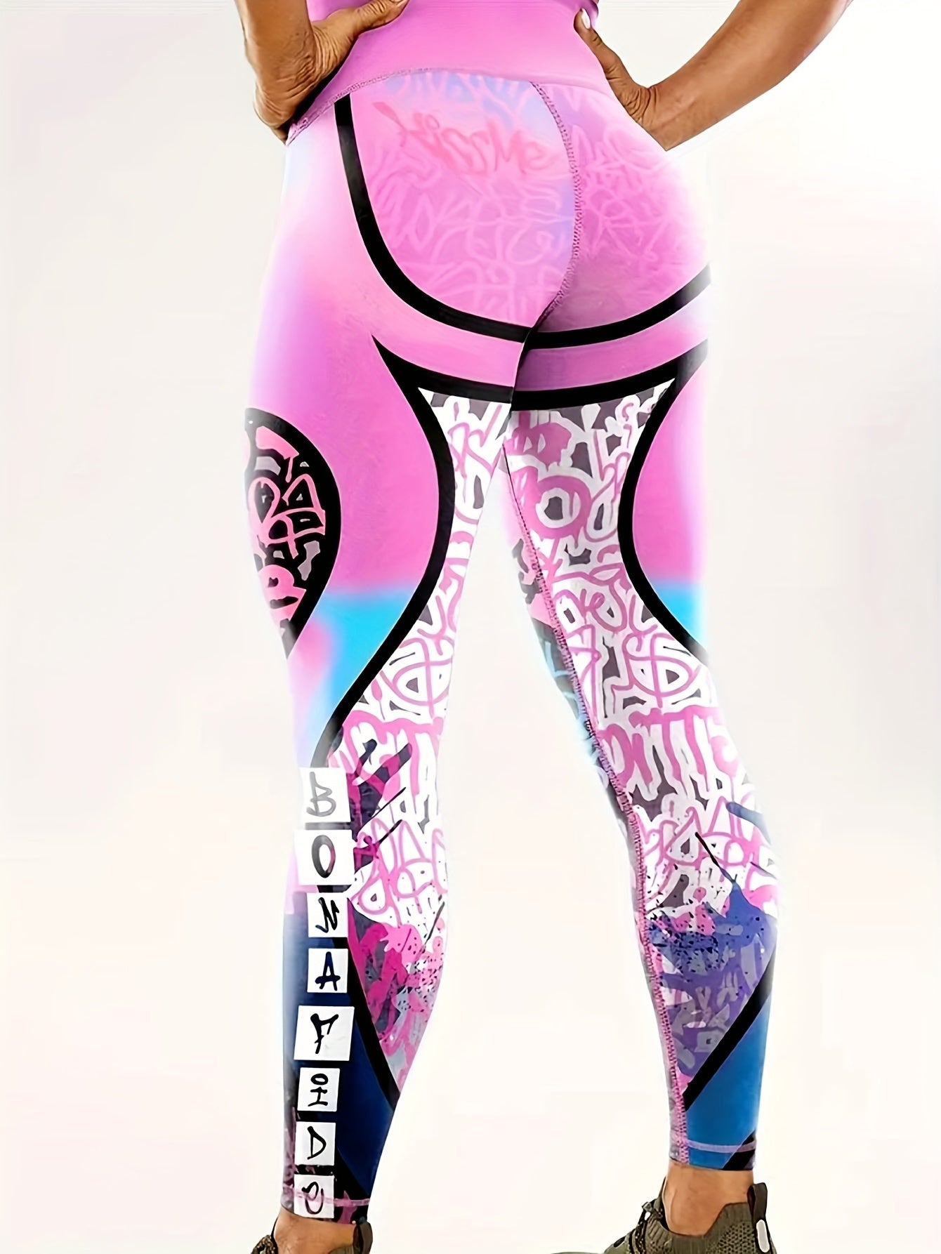 Bright Pink Fashion Print Yoga Pants Tummy Tucks and Hips Lift Gym Pants Slim Leggings