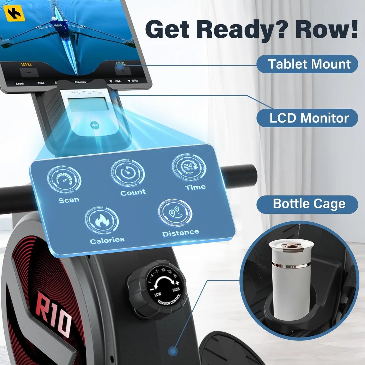 Rower with LCD Monitor, Ergonomic Seat, Dual Rail, HIgh Weight Capacity