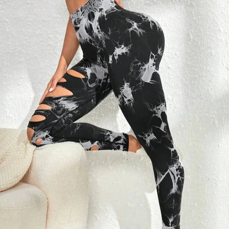Women Sport Leggings Fitness Gym Tight Sexy Hollow Out Tie Dye Push Up High Waist