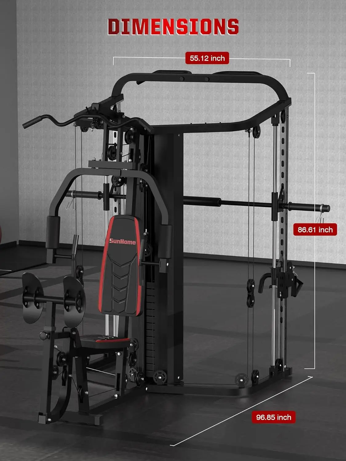 Smith Machine with 138LB Weight Stack, Leg Press, LAT Station for Full Body Training