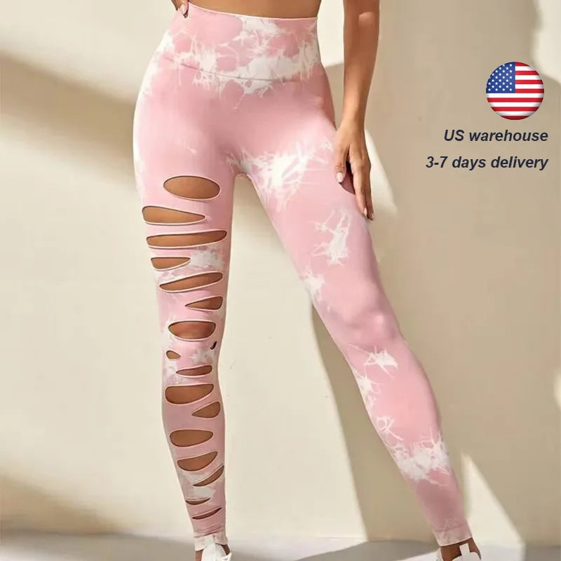 Women Sport Leggings Fitness Gym Tight Sexy Hollow Out Tie Dye Push Up High Waist