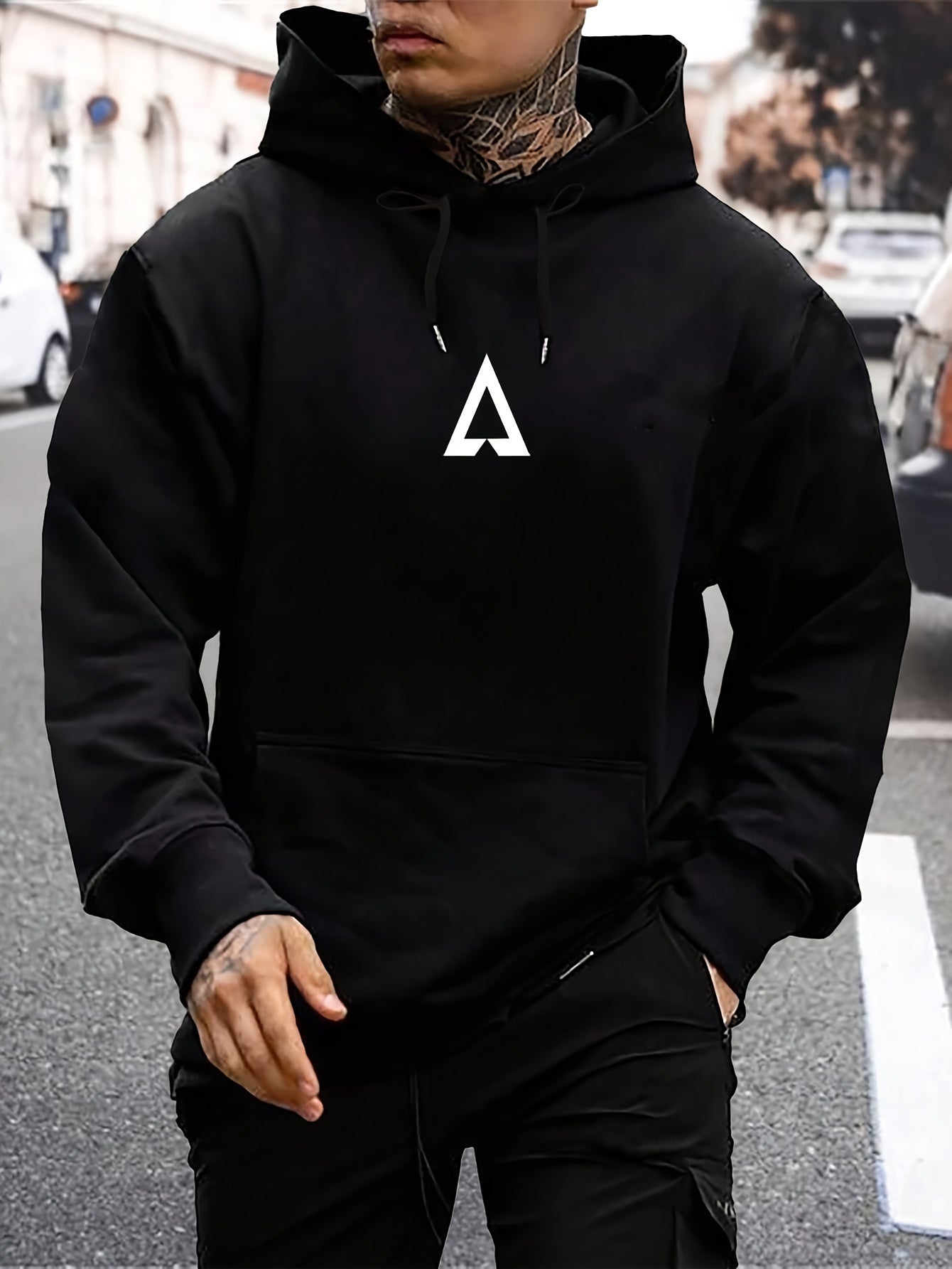 Men'S Casual Geometric Hoodie with Kangaroo Pocket