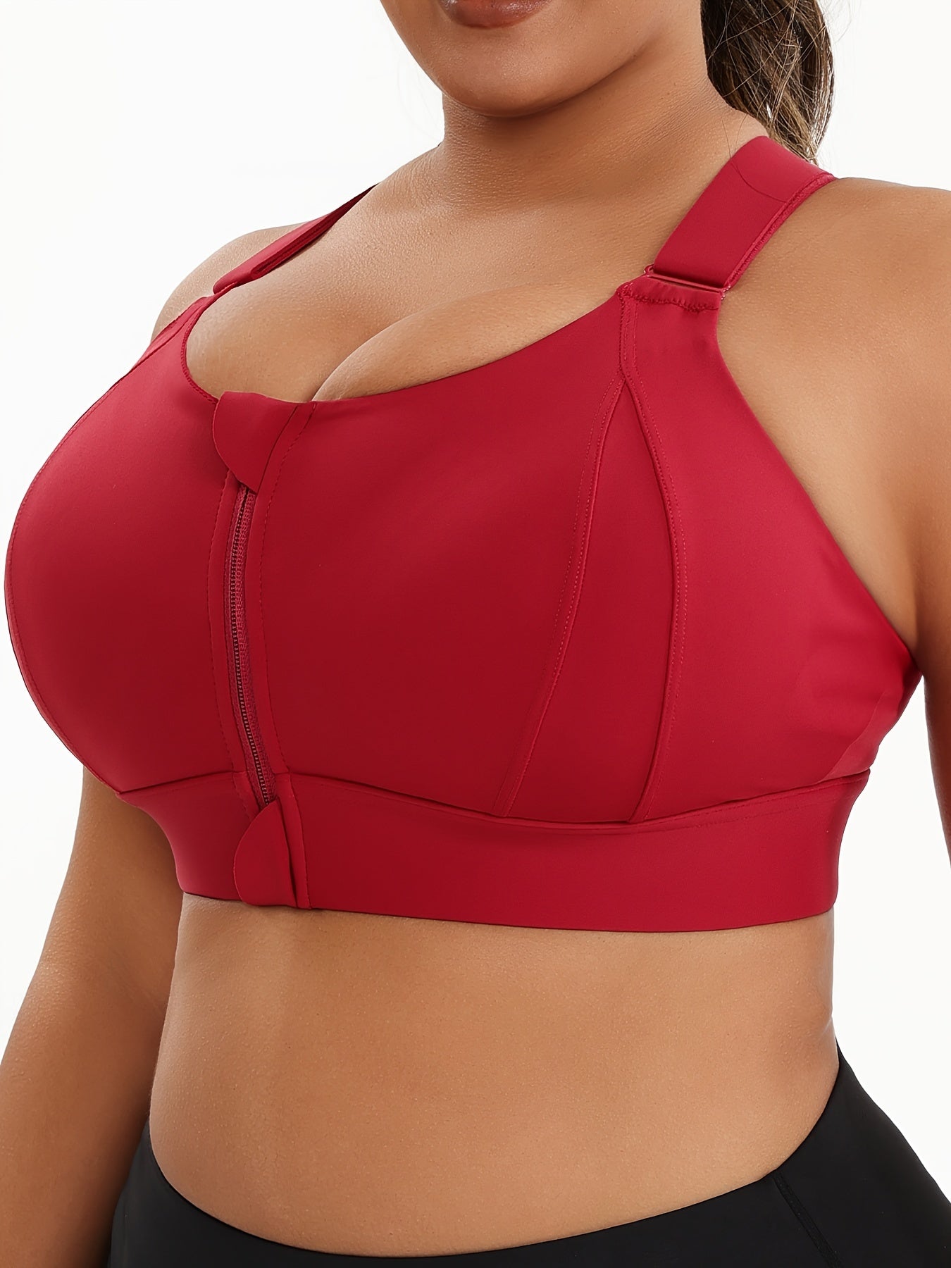 Plus Size Front Zip Sports Bra, High Elasticity Solid Color Fitness Bra, Yoga Athletic Underwear