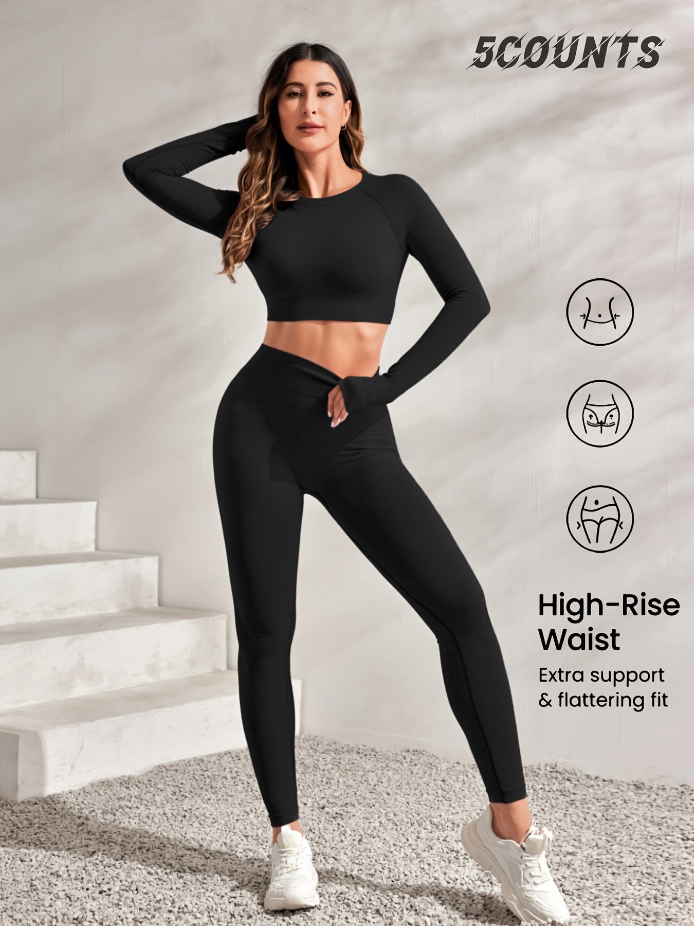 2Pcs Plain Sporty Set, Round Neck Long Sleeves Backless Top & High Waist Running Pant Sports Suit,