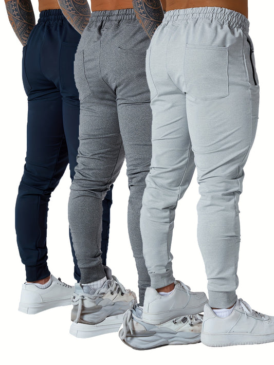 3PCS Zipper Pockets Men's Sweatpants, Tapered Joggers