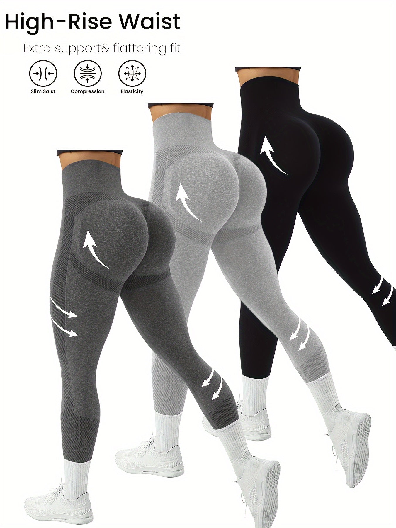 3-Pack High-Waist Compression Sports Leggings for Women with Side Stripe Detail