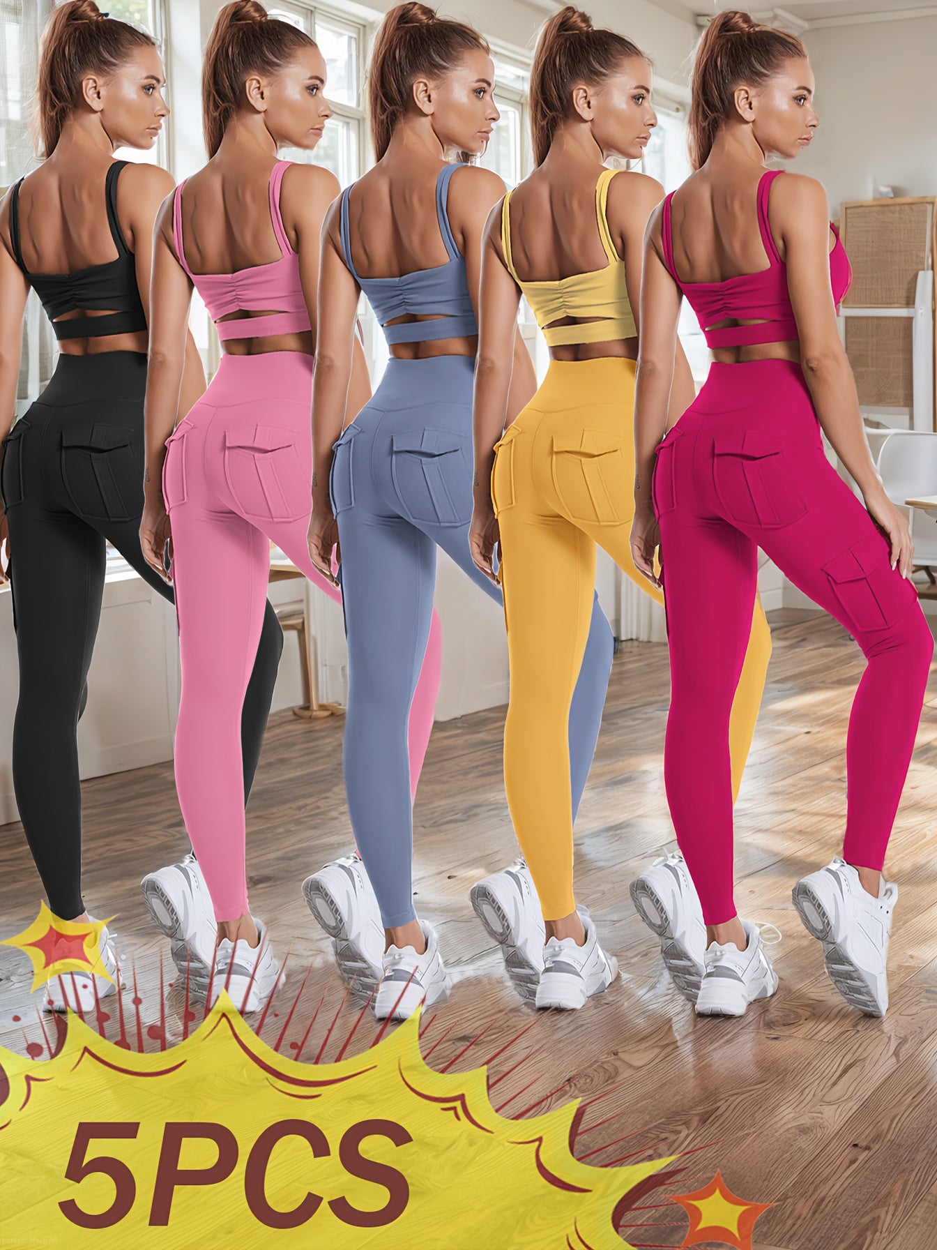 5pcs high-waisted yoga leggings with 4 pockets