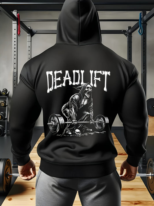 Men's Fleece-Lined Hoodie with Skull & Letter Print