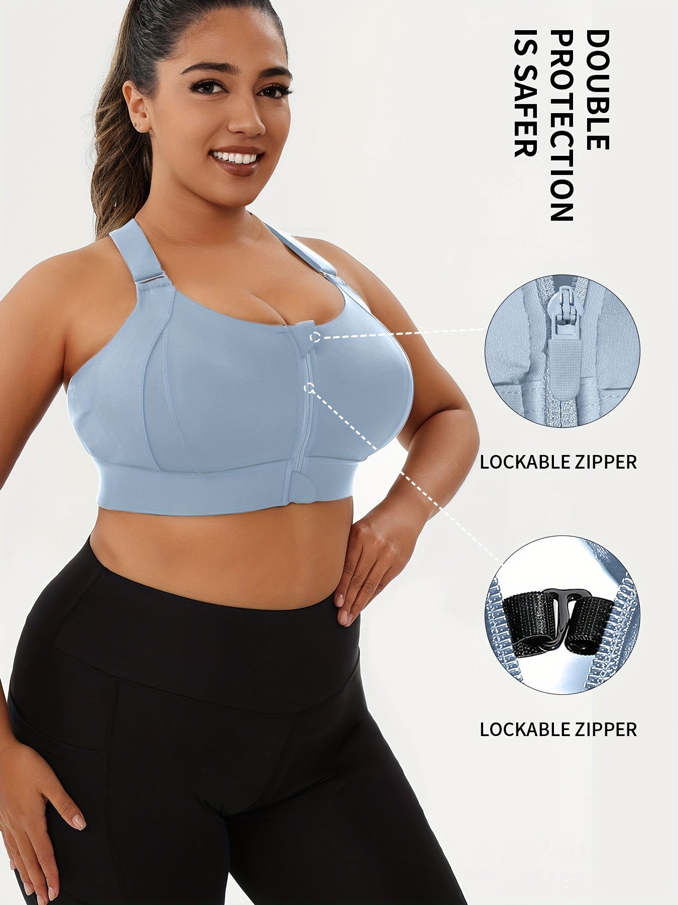 Plus Size Front Zip Sports Bra, High Elasticity Solid Color Fitness Bra, Yoga Athletic Underwear