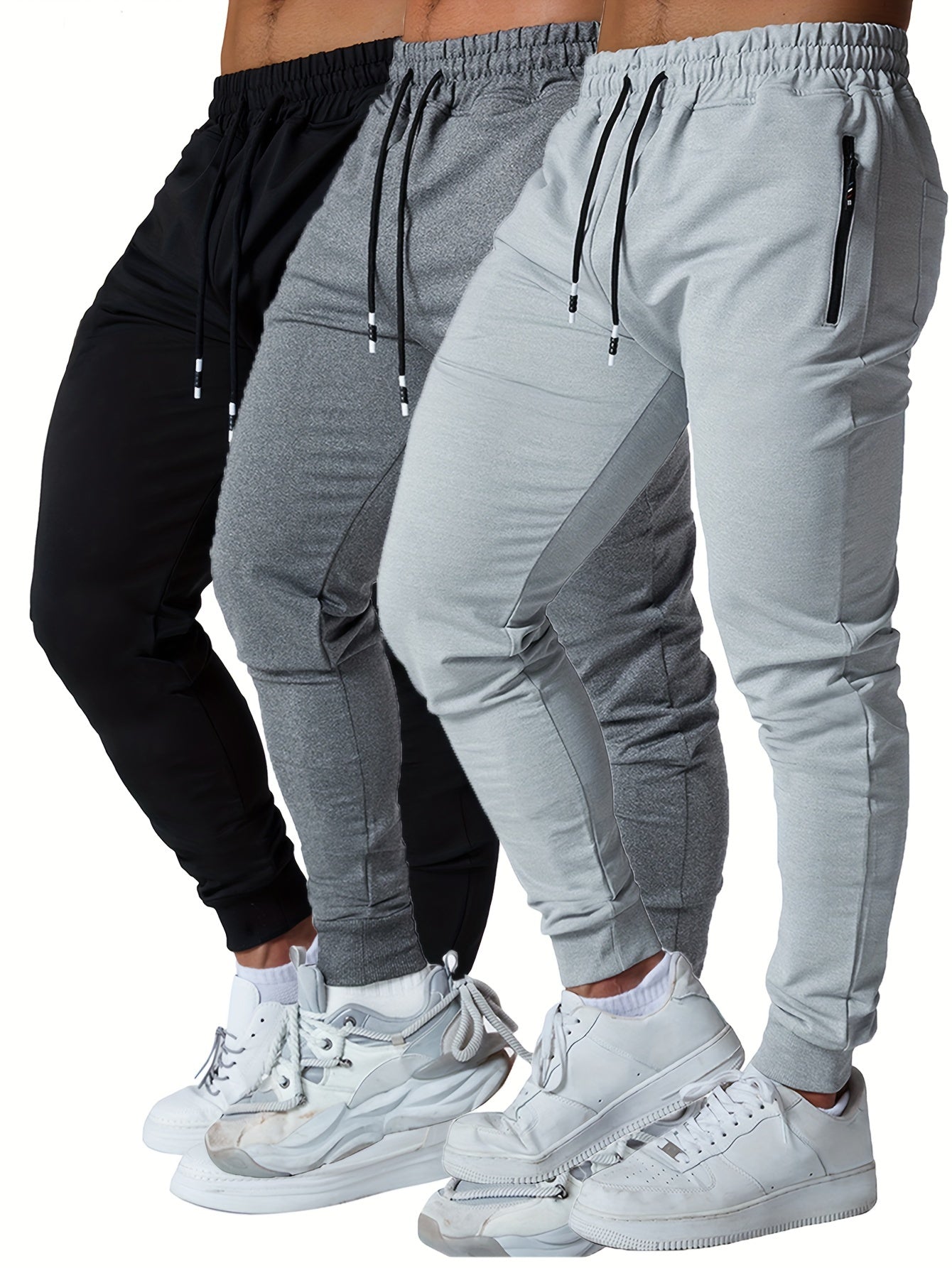 3PCS Zipper Pockets Men's Sweatpants, Tapered Joggers