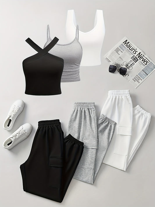 6 Pcs Tank Top & Jogger Sweatpants Set,