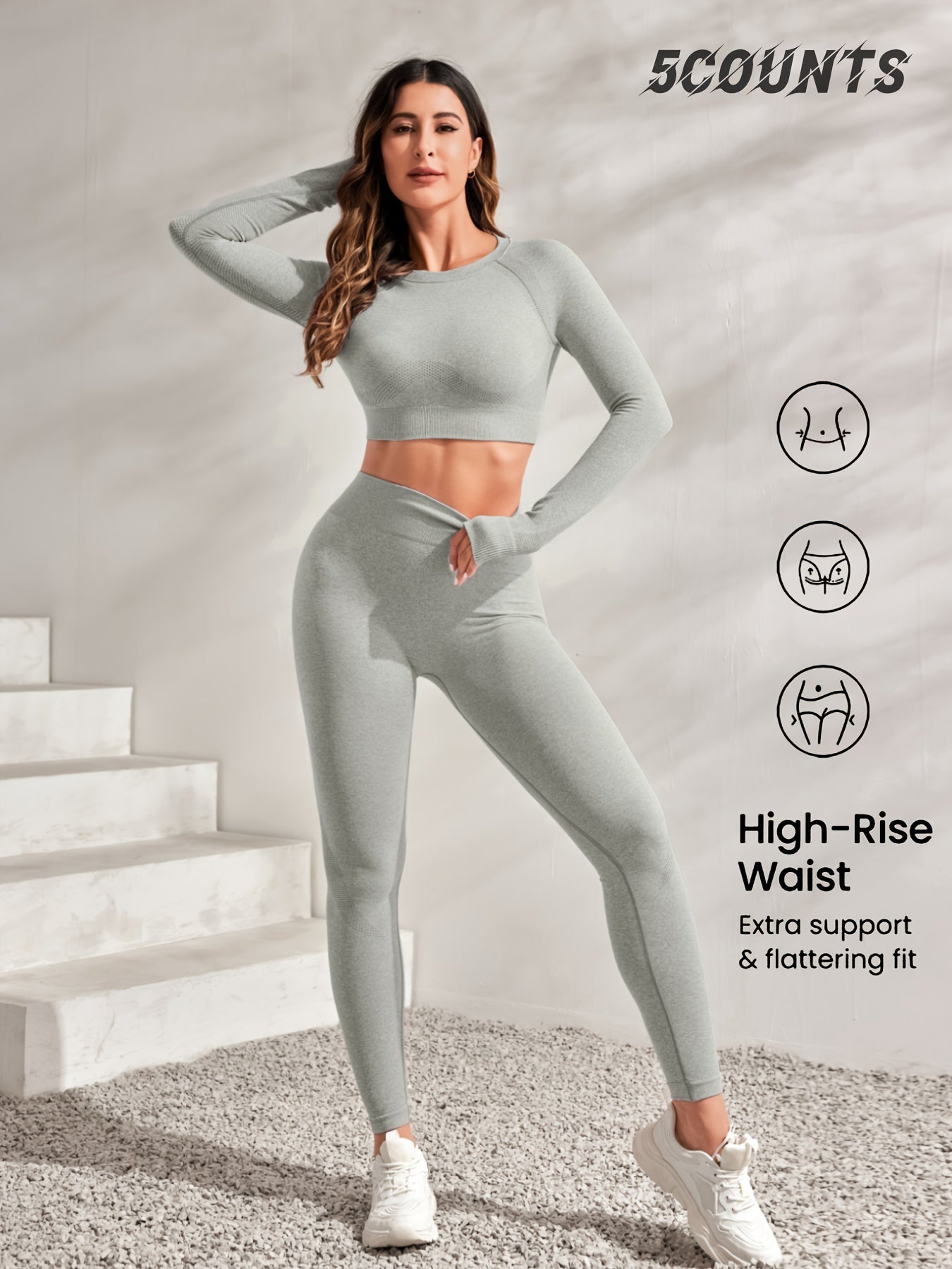 2Pcs Plain Sporty Set, Round Neck Long Sleeves Backless Top & High Waist Running Pant Sports Suit,