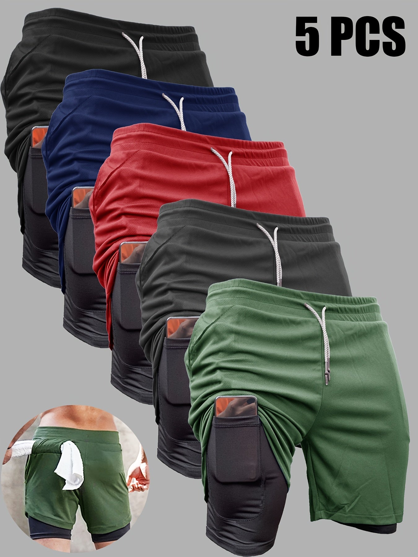 5pcs Men's 2-in-1 Double Layer Shorts With Inner Pocket