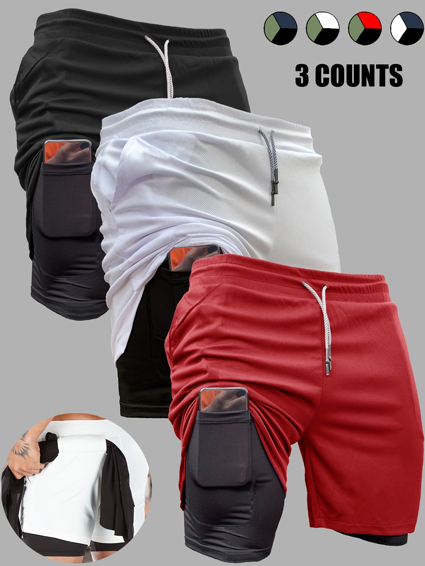 3pcs Men's 2-in-1 Double Layer Shorts With Inner Pocket