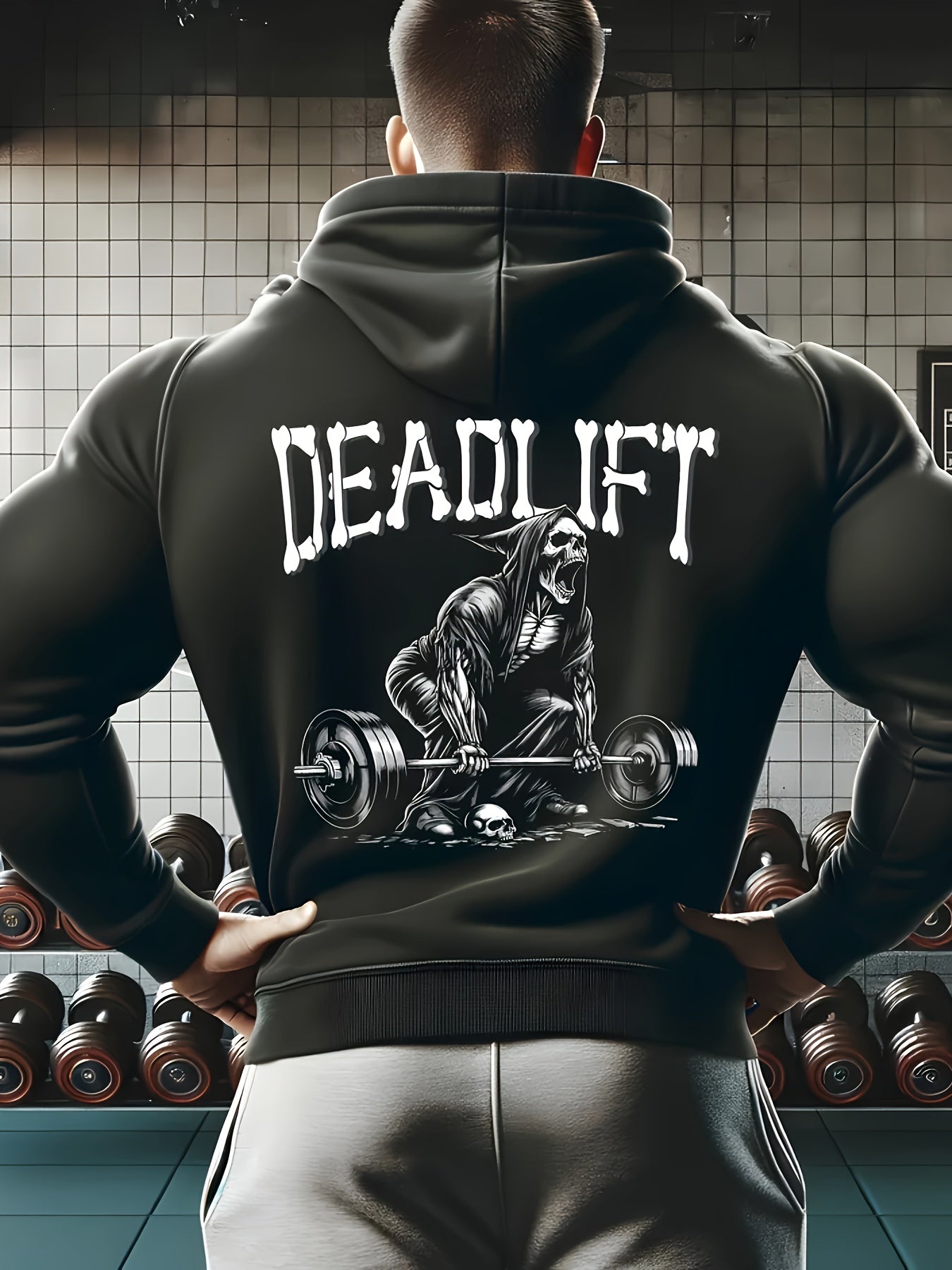 Men's Fleece-Lined Hoodie with Skull & Letter Print