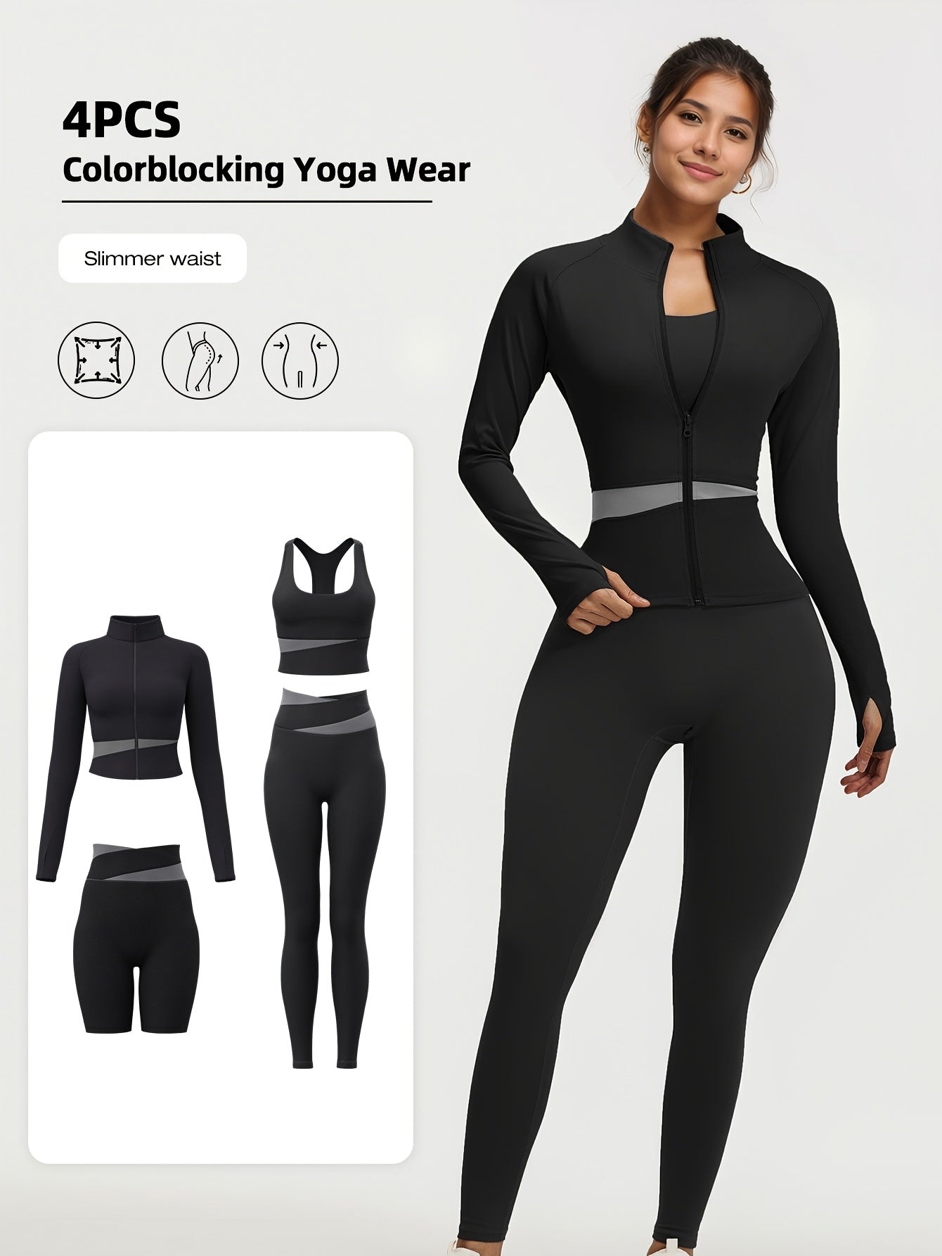 4pcs Women'S Yoga Set, Long Sleeve Zipper Jacket, Sports Bra, Long Leggings