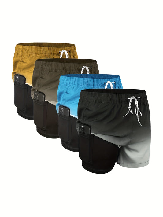 Men's 4-pack Set Of Gradient Color Double-layer Drawstring Board Short