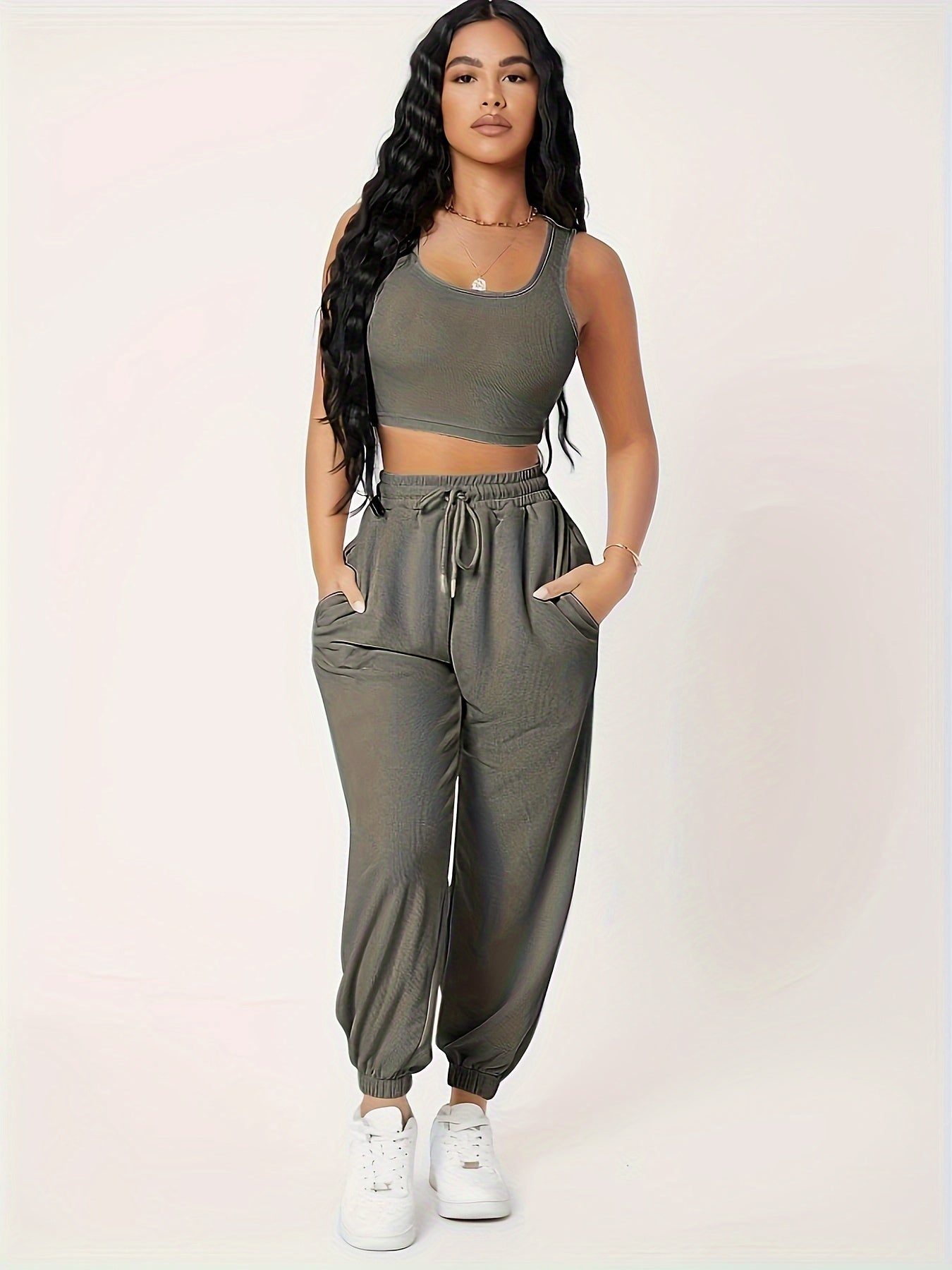 Sleeveless Two-piece Set, Solid Color Crop Tank Top & Drawstring Waist Pocket Jogger Pants Outfits