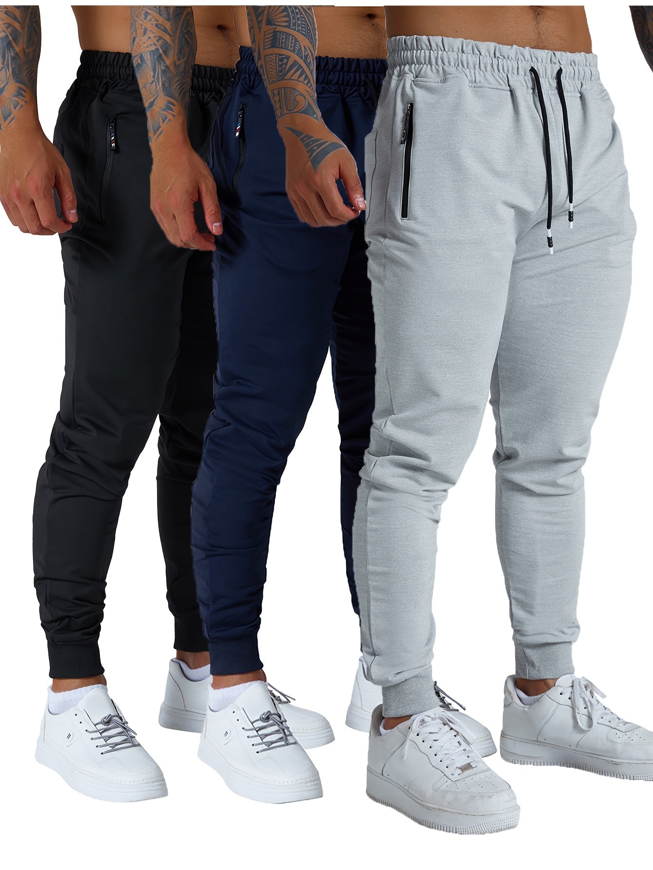 3PCS Zipper Pockets Men's Sweatpants, Tapered Joggers