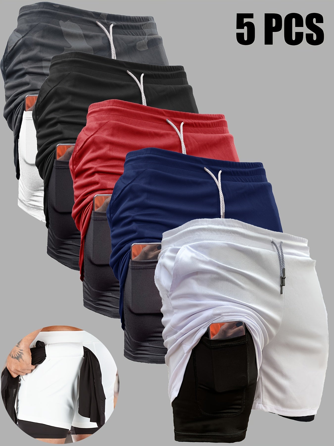 5pcs Men's 2-in-1 Double Layer Shorts With Inner Pocket