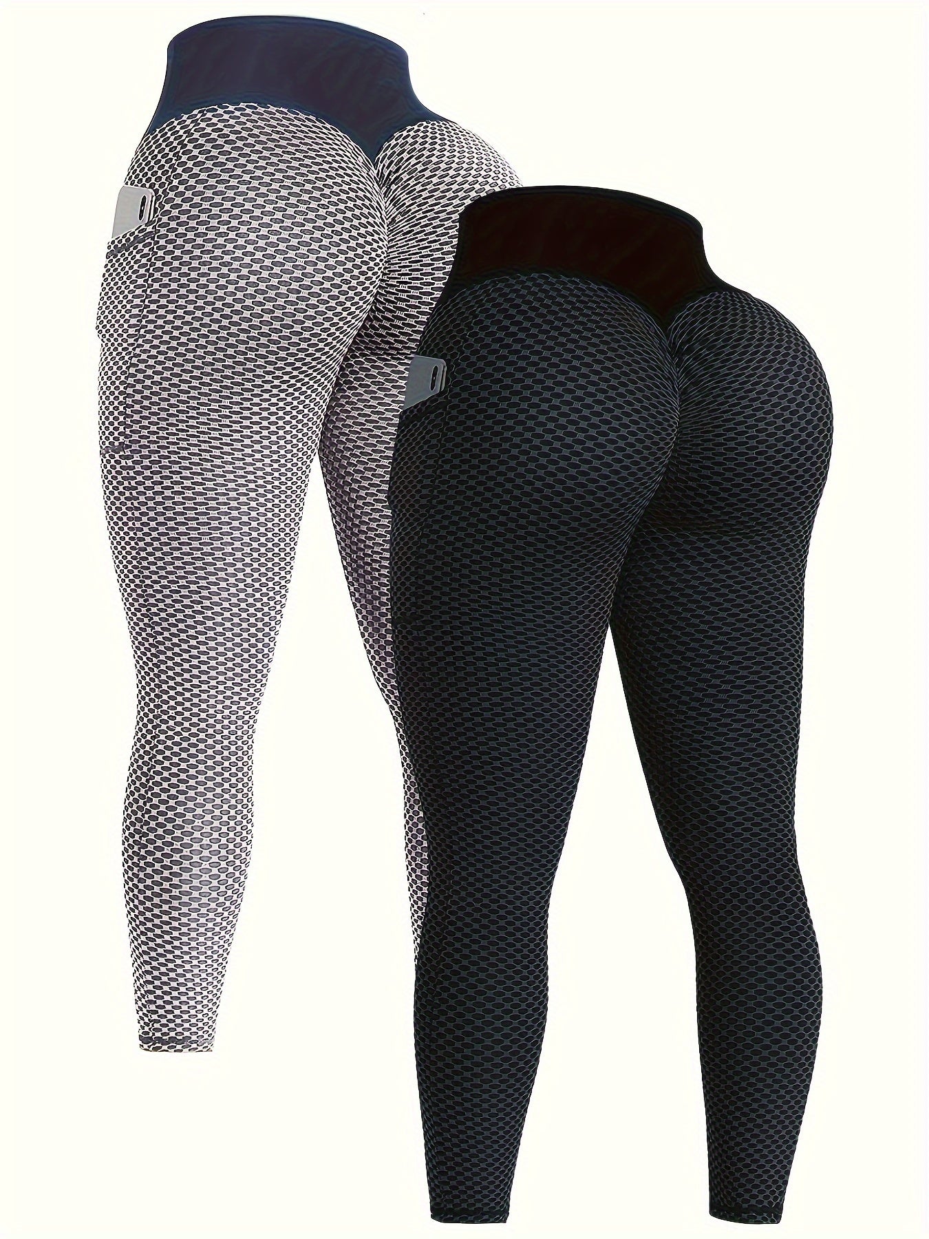 2pcs Honeycomb Butt Lifting High Waist Yoga Leggings With Pocket,