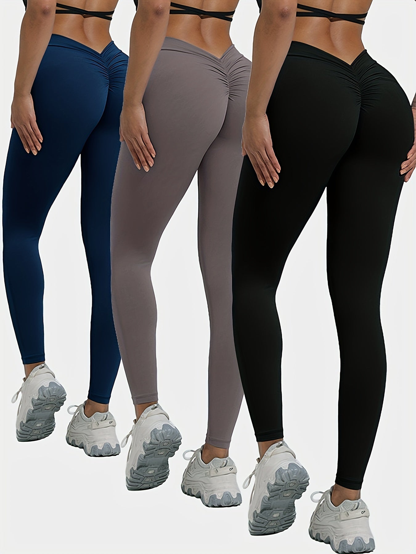 3pcs Solid Color Peach Butt Yoga Sports Leggings, Women's Quick-drying High Elastic Fitness Sports Pants