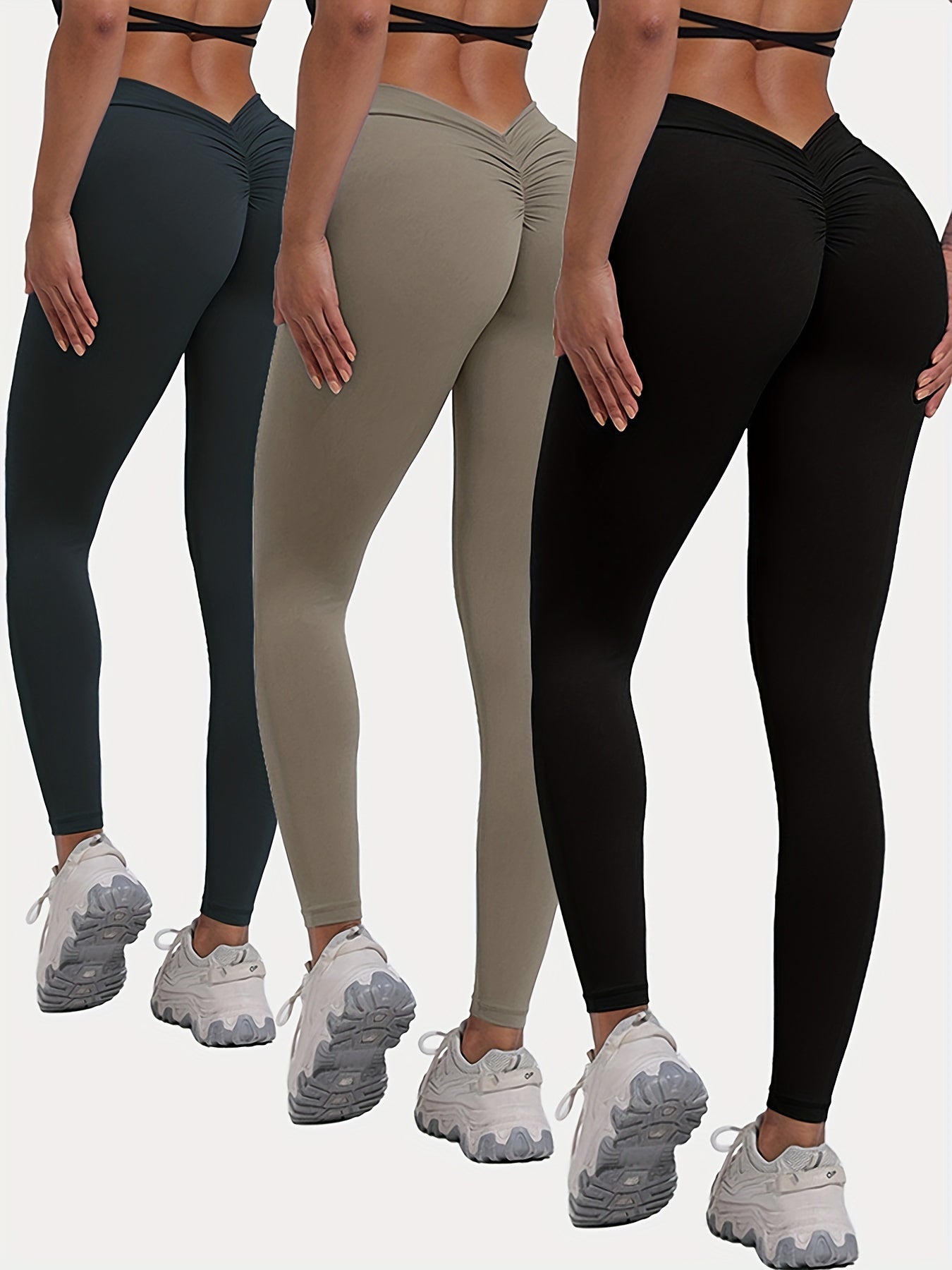 3pcs Solid Color Peach Butt Yoga Sports Leggings, Women's Quick-drying High Elastic Fitness Sports Pants