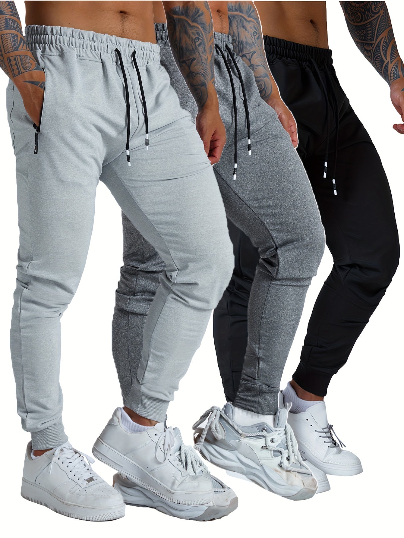 3PCS Zipper Pockets Men's Sweatpants, Tapered Joggers