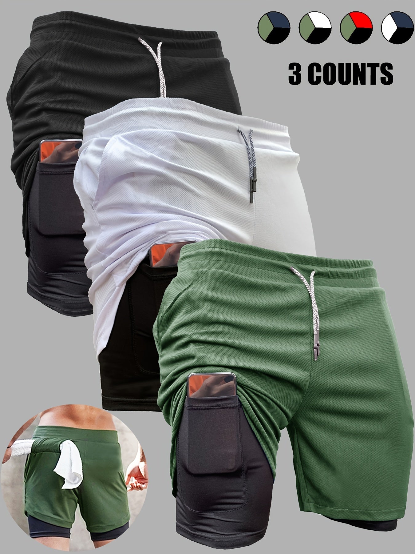 3pcs Men's 2-in-1 Double Layer Shorts With Inner Pocket