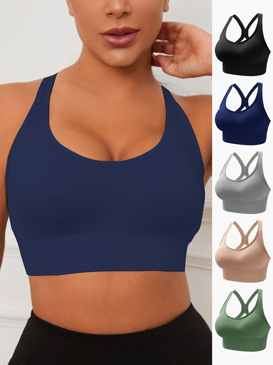 5pc Set, Sports Bras, Solid Color, Seamless, Adjustable, Girls' Tank Tops