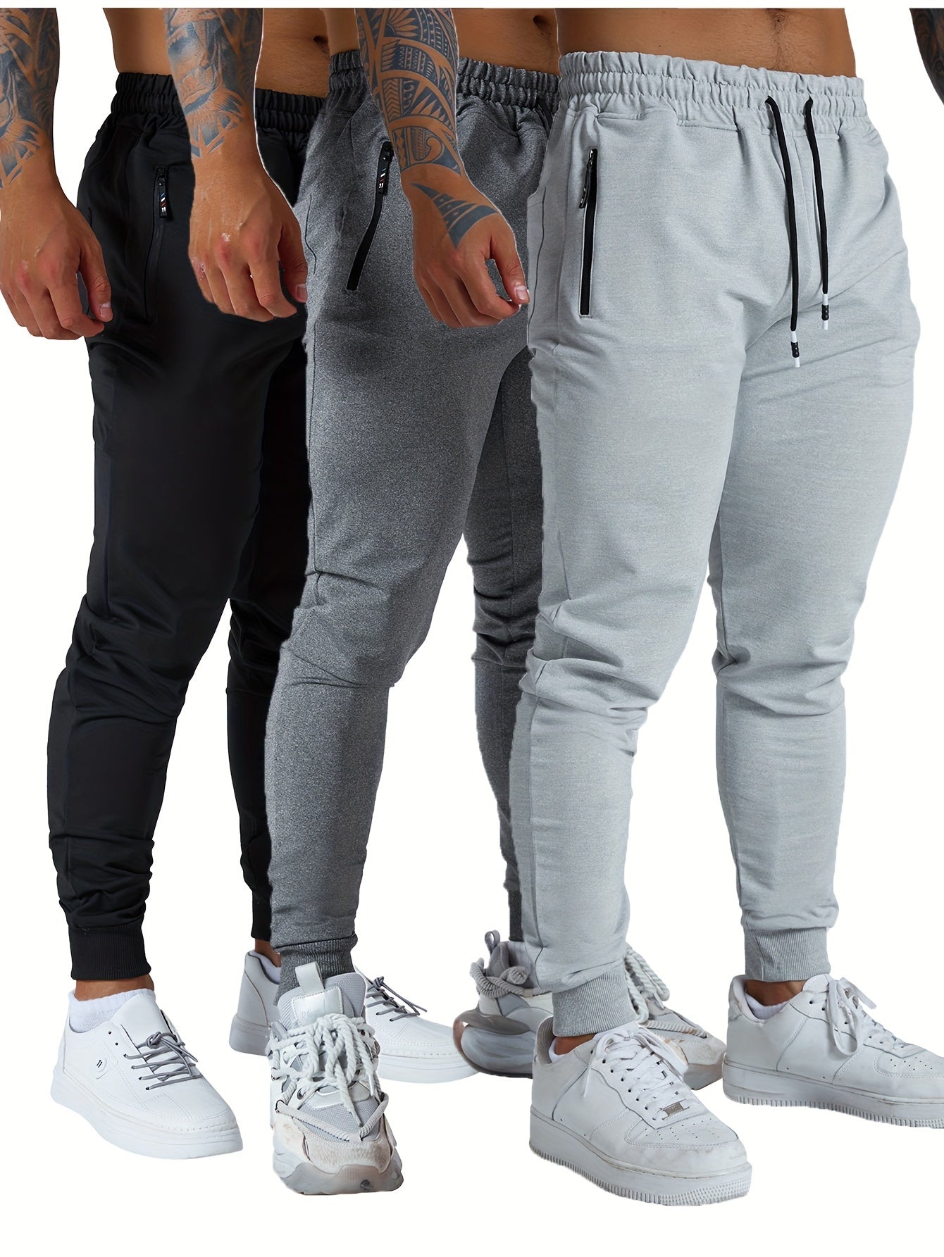 3PCS Zipper Pockets Men's Sweatpants, Tapered Joggers